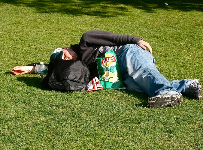 boston common man sleeping potato chip bag