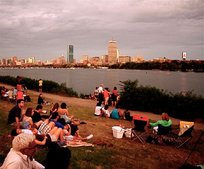 boston skyline people waiting for fireworks