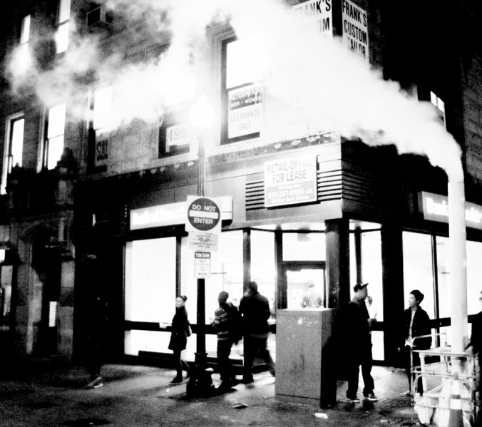 boston downtown crossing steam rising black white