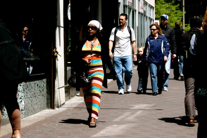 boston downtown crossing woman in striped dress