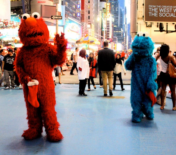 new york city times square blue elmo red elmo