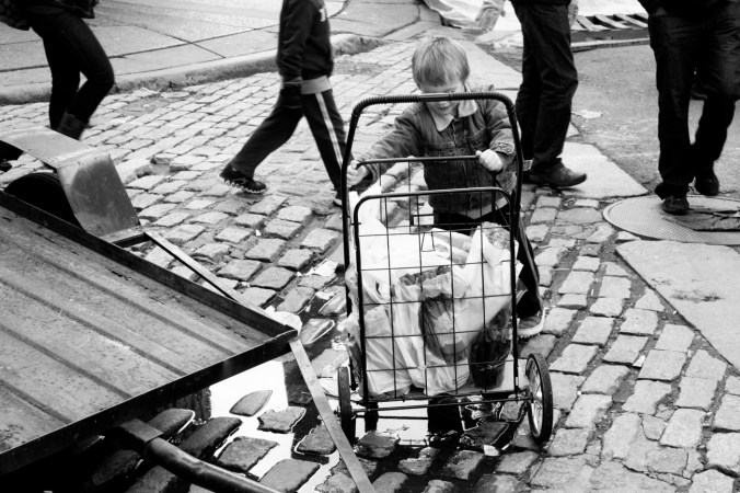 boston haymarket little boy pushing cart