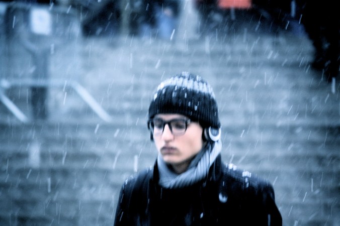 new york city snow storm december 29 2012 person out in the storm blue