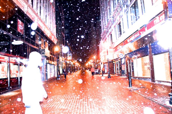boston downtown crossing snow man in white