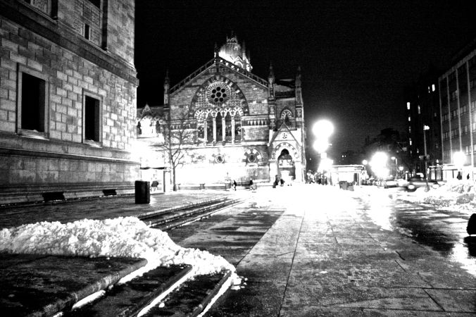 boston copley square night snow