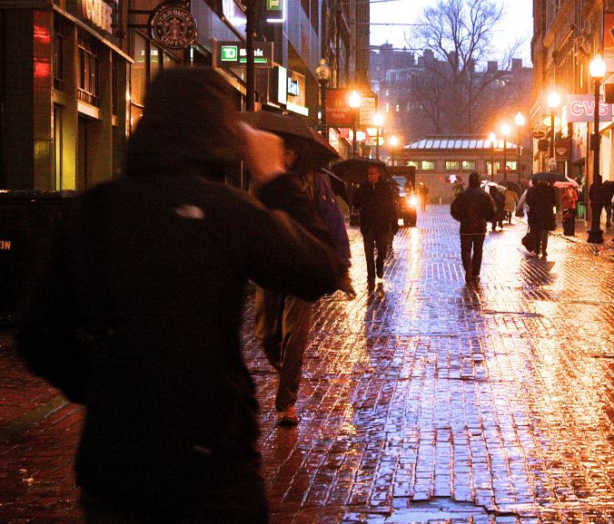 boston downtown crossing rain storm purple light