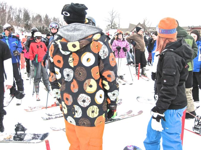 wachusett ski slope man in donut covered jacket