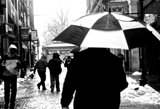 boston downtown crossing umbrella black white