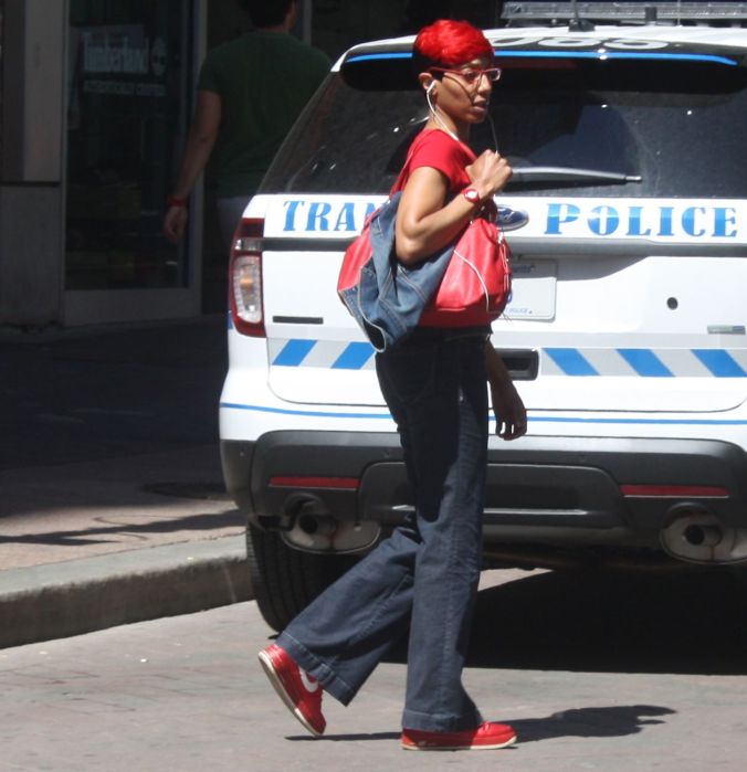 boston downtown crossing woman with red shoes red hair red shirt red bag