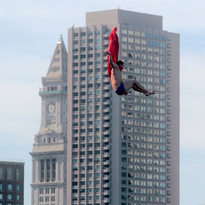boston institute of contemporary art diving competition august 25 2013 superman red cape with customs house in the background