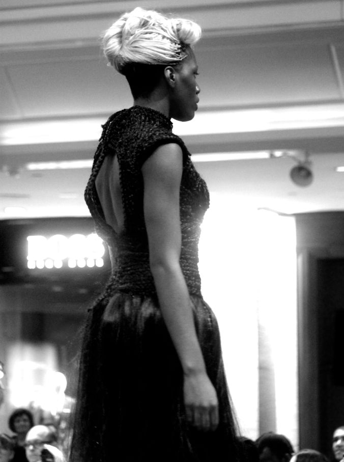 boston fashion week october 2 black dress blond woman