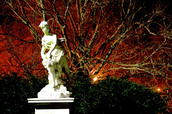 newport the elms garden night statue orange green 2