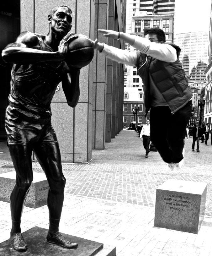 boston bill russell statue friend jumping 2