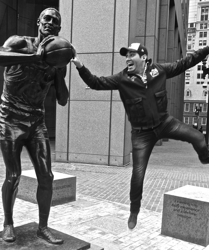 boston bill russell statue friend jumping