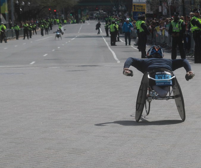 boston marathon april 21 beacon street handicapped racer kenmore square