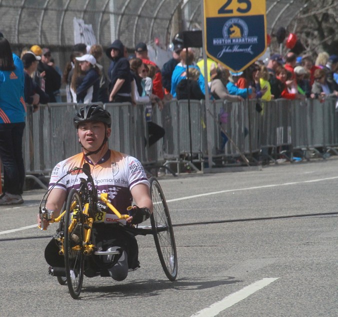 boston marathon april 21 beacon street handicapped racer mile 25 1