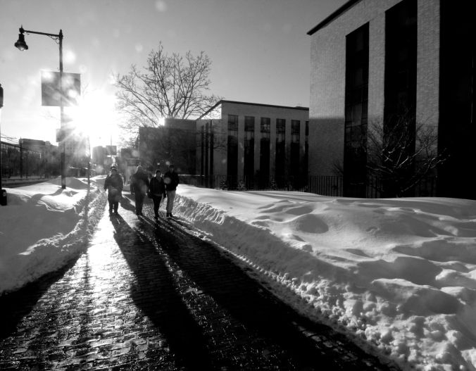 boston northeastern university snow people walking shadows