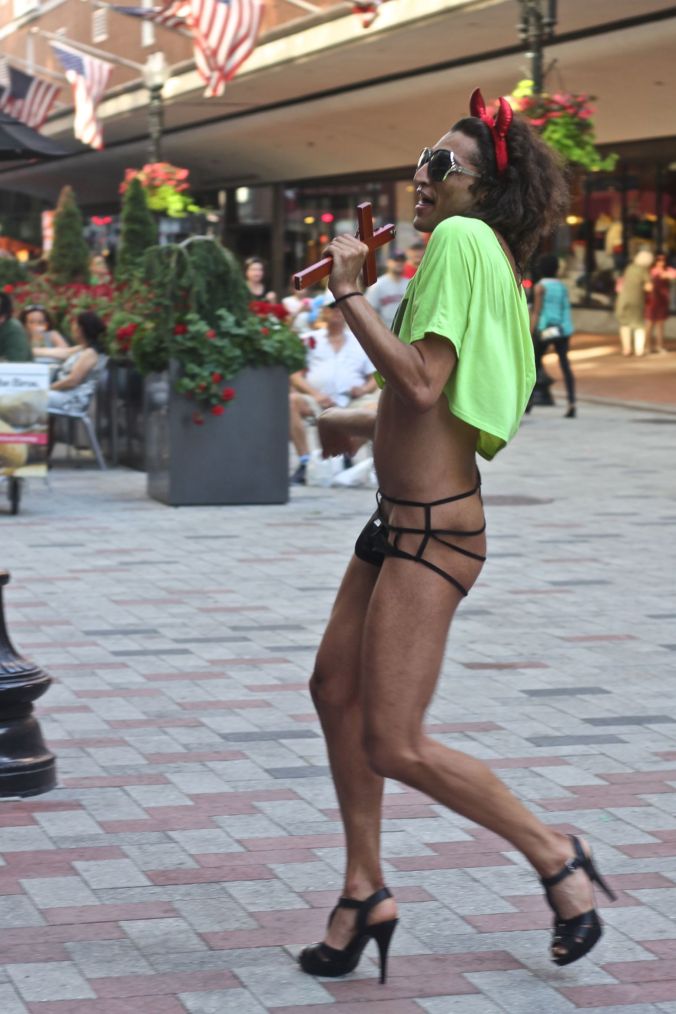 boston downtown crossing man in thong high heels singing dancing in front of macy's 1