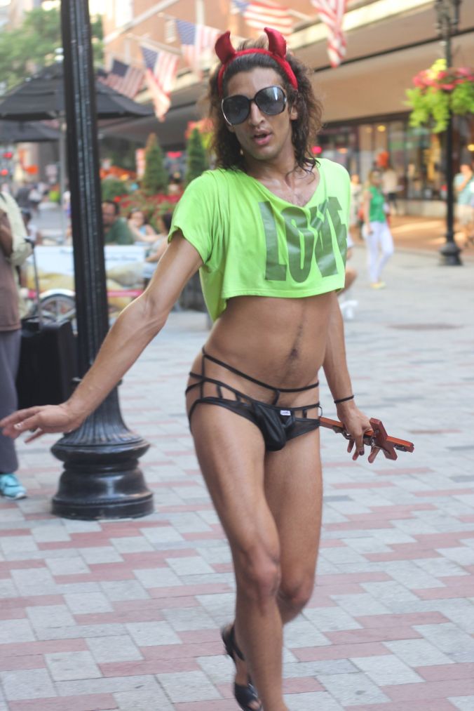 boston downtown crossing man in thong high heels singing dancing in front of macy's 2