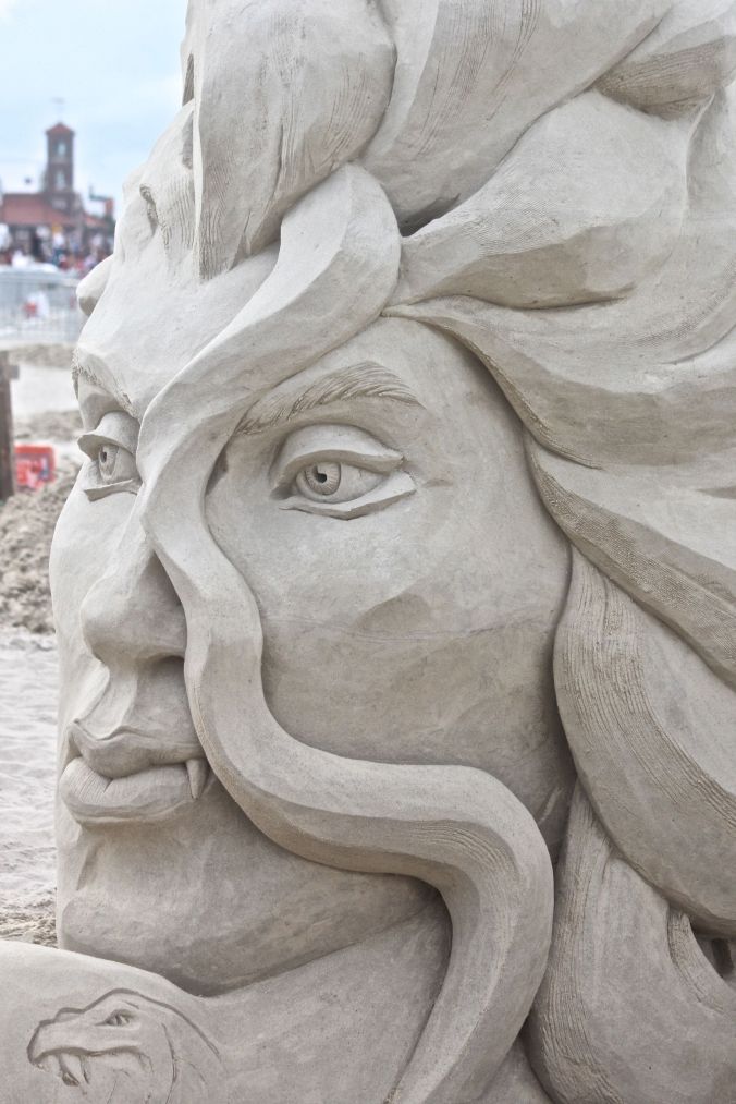 boston revere beach sand sculpture festival face sculpture closeup