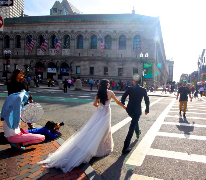 boston copley library wedding couple crossing street