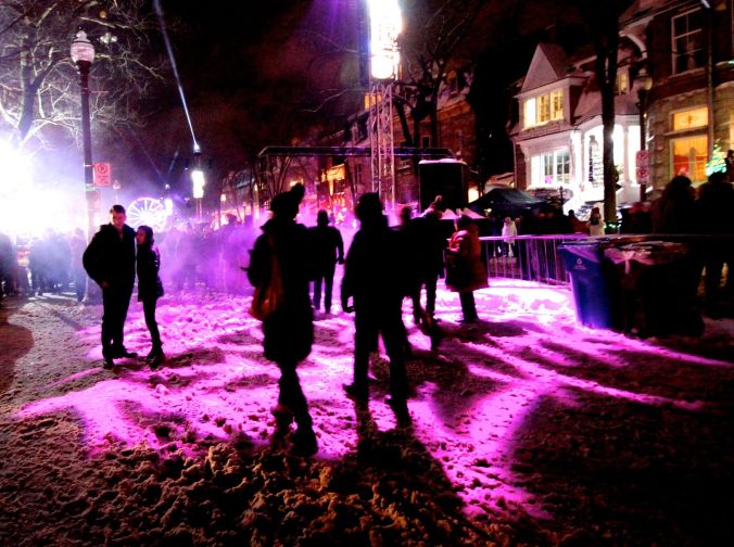 quebec city new years celebration december 31 2015 people purple light