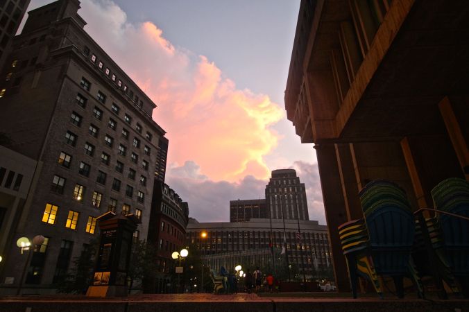 boston city hall plaza sunset