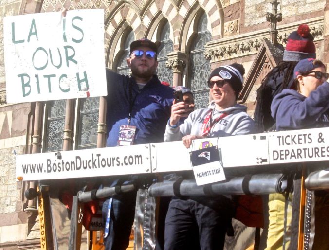 boston new england patriots super bowl celebration february 5 2019 sign LA is our bitch